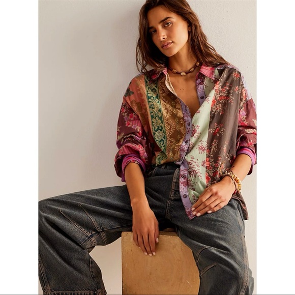Free People We The Free Patchwork Floral Button Down Blouse Boho Cottagecore  XS - Picture 5 of 14